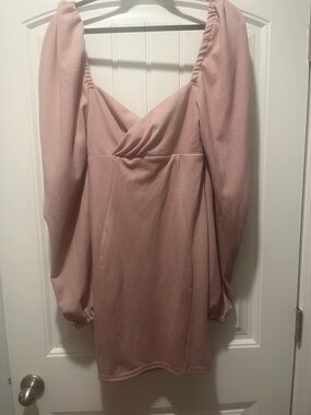 Fashion Nova Dusty Pink Puff-Sleeve V-Neck Mini Dress